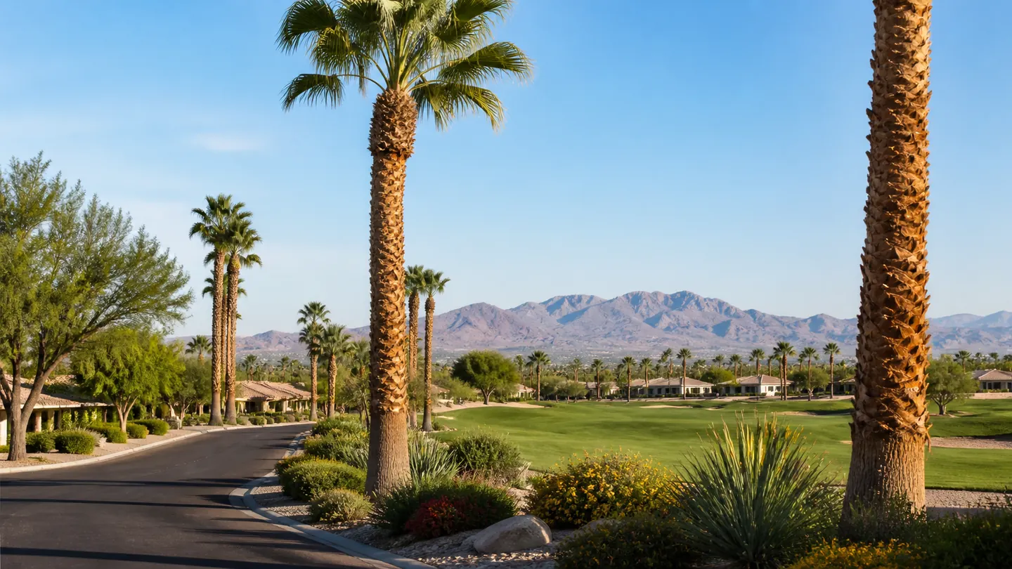 Palm-lined golf community streetscape in Sun City, Arizona