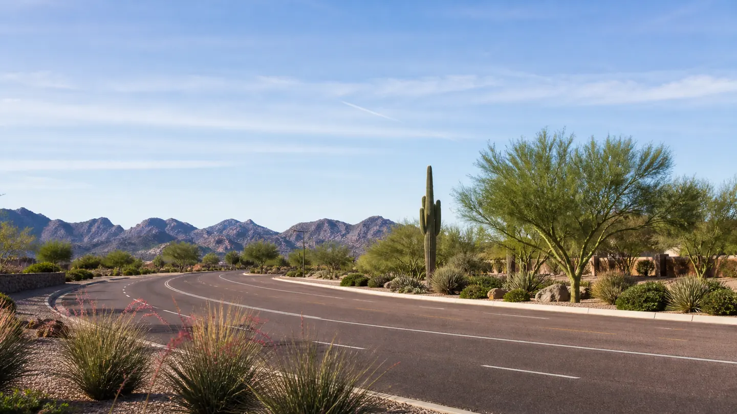 Desert streetscape in Surprise, Arizona, with White Tank Mountain views